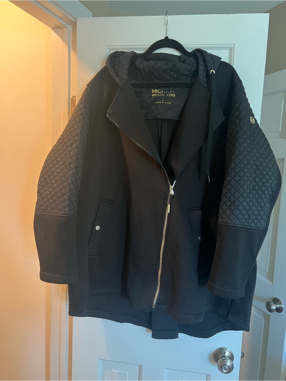 Michael Kors Black Quilted-Sleeve Hoodie Jacket with Gold Logo